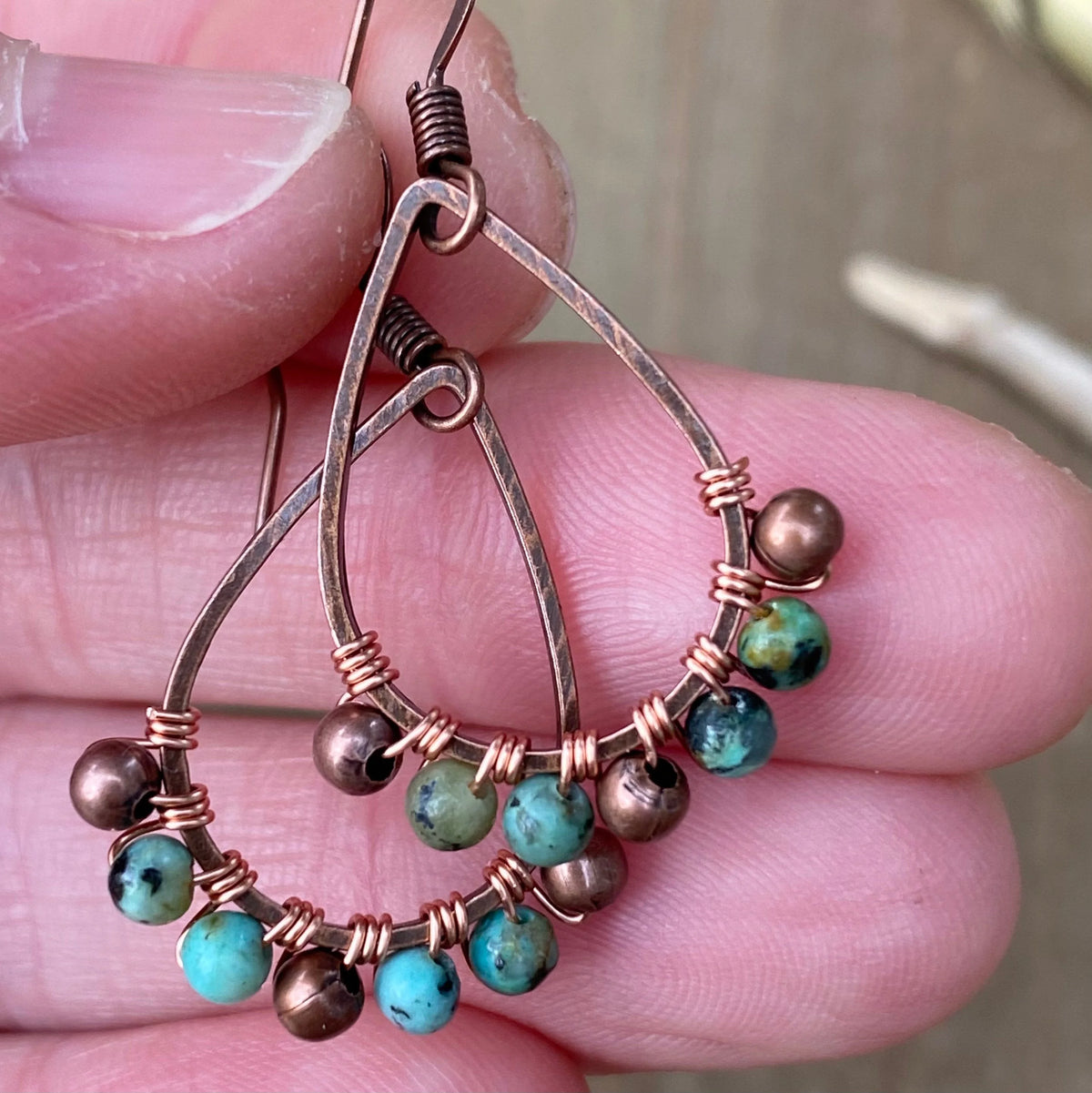 Boho Turquoise Teardrop Earrings, Copper Wire Wrapped, Nickel-Free
