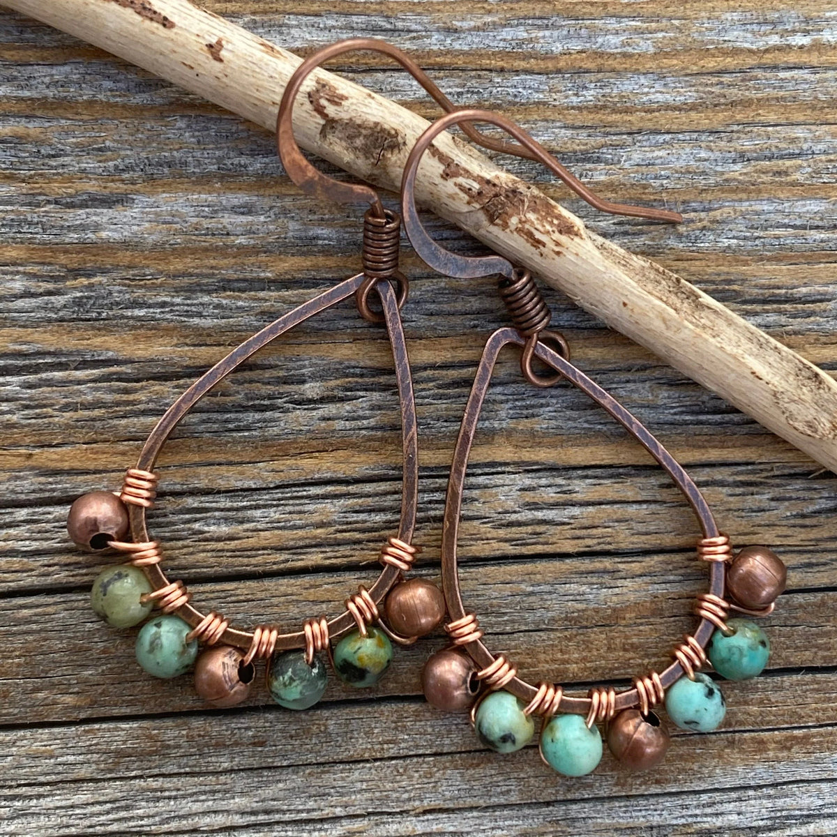 Boho Turquoise Teardrop Earrings, Copper Wire Wrapped, Nickel-Free