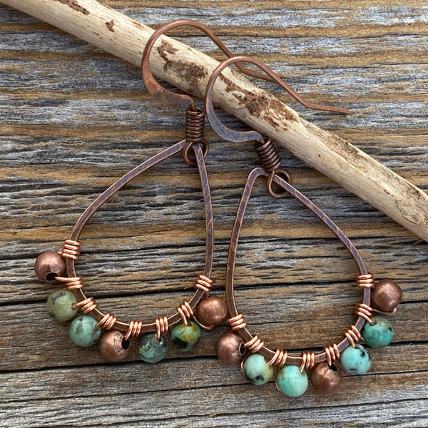 Boho Turquoise Teardrop Earrings, Copper Wire Wrapped, Nickel-Free
