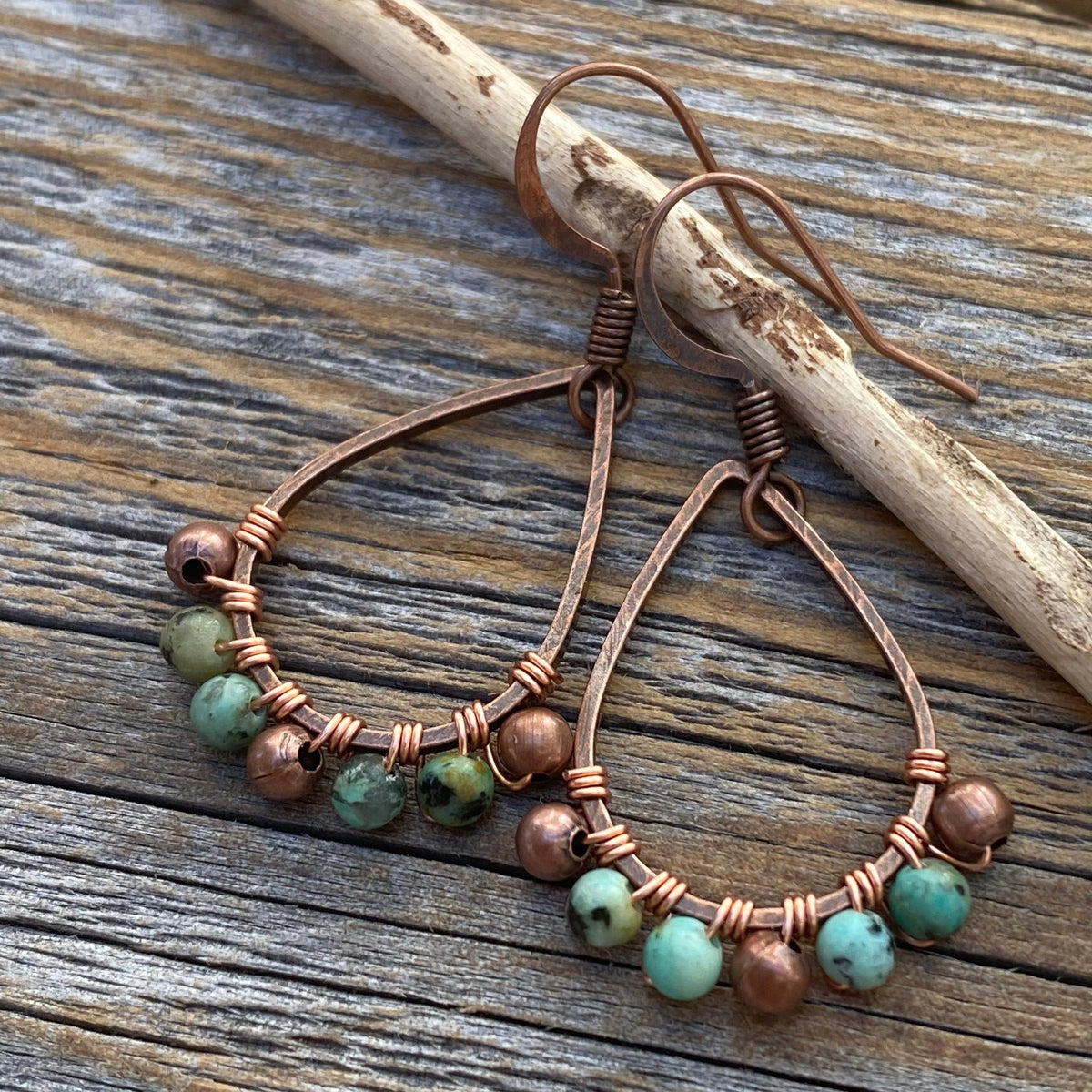 Boho Turquoise Teardrop Earrings, Copper Wire Wrapped, Nickel-Free