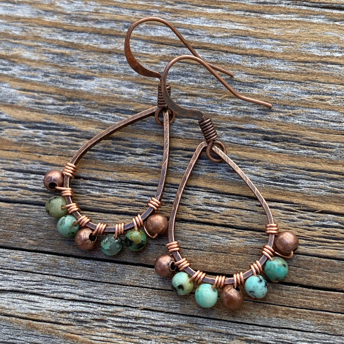 Boho Turquoise Teardrop Earrings, Copper Wire Wrapped, Nickel-Free