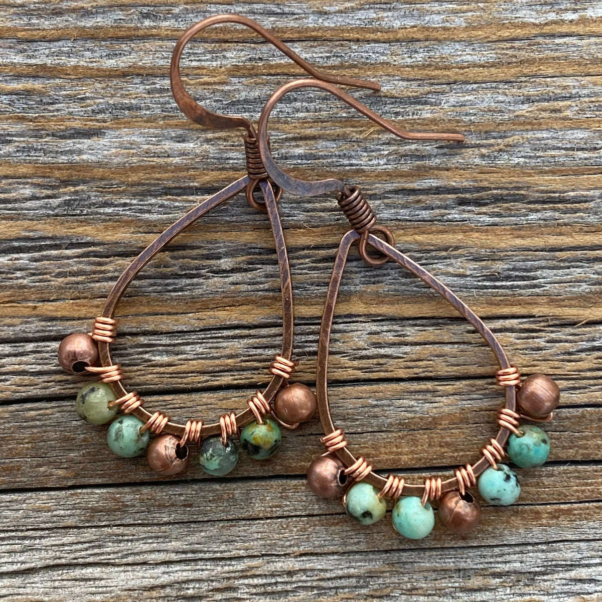 Boho Turquoise Teardrop Earrings, Copper Wire Wrapped, Nickel-Free