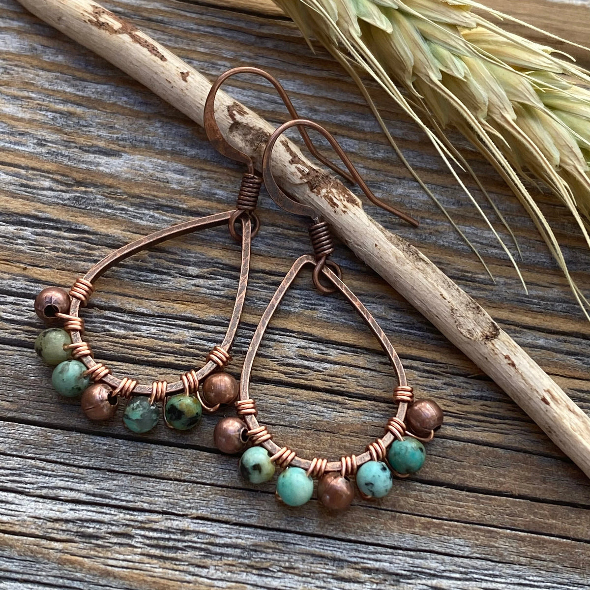 Boho Turquoise Teardrop Earrings, Copper Wire Wrapped, Nickel-Free