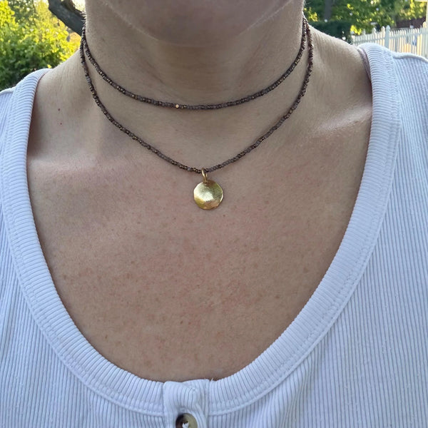 Brown Beaded Choker Necklace, Layered Gold Pendant, Everyday Boho Jewelry