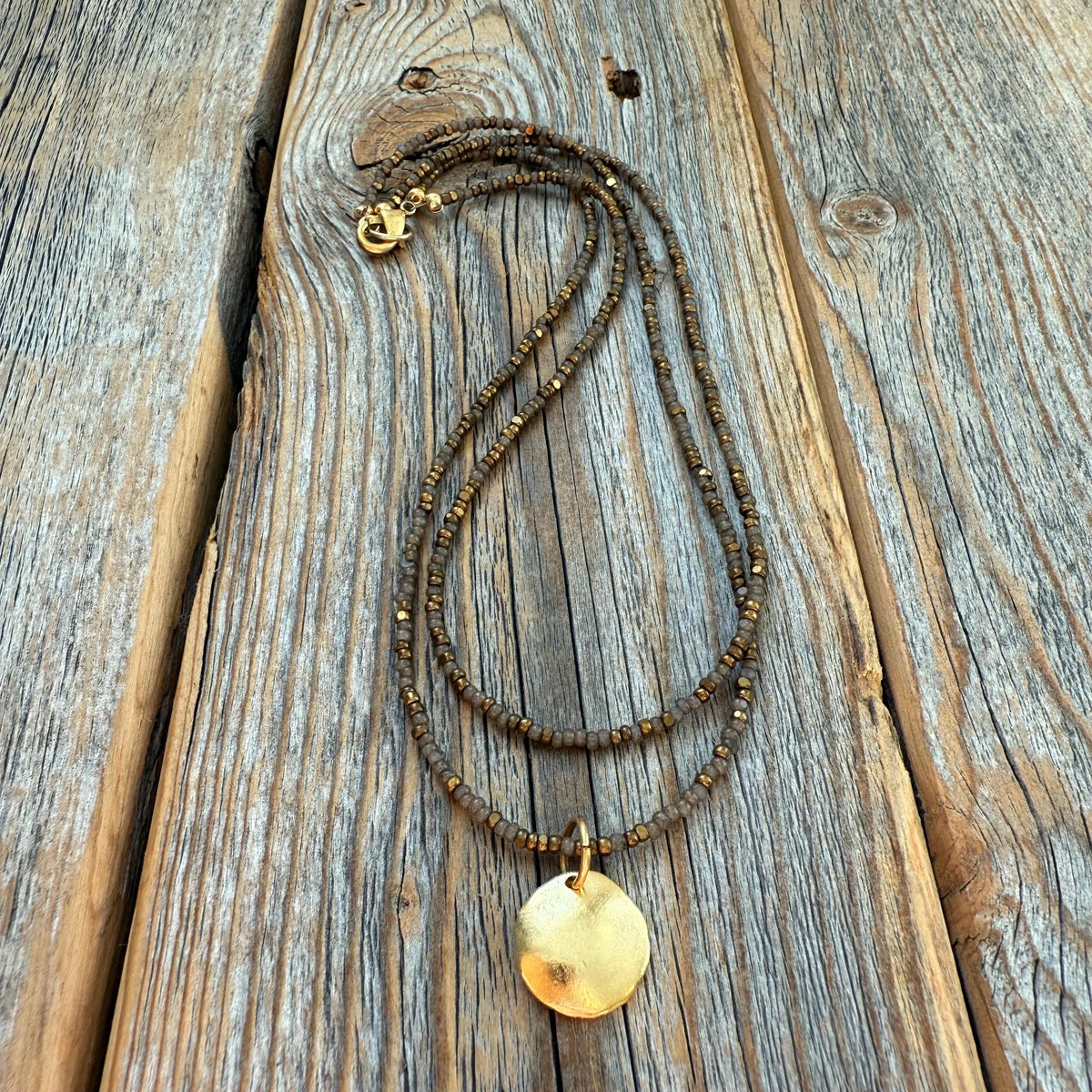 Brown Beaded Choker Necklace, Layered Gold Pendant, Everyday Boho Jewelry