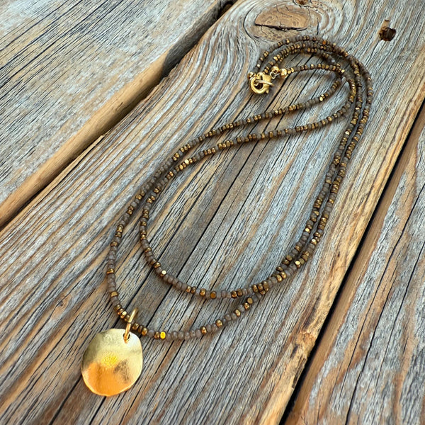 Brown Beaded Choker Necklace, Layered Gold Pendant, Everyday Boho Jewelry