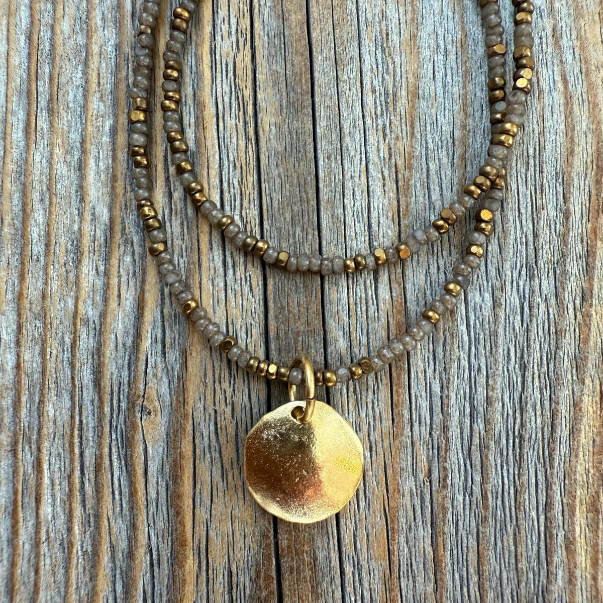 Brown Beaded Choker Necklace, Layered Gold Pendant, Everyday Boho Jewelry
