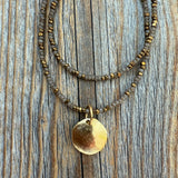 Brown Beaded Choker Necklace, Layered Gold Pendant, Everyday Boho Jewelry