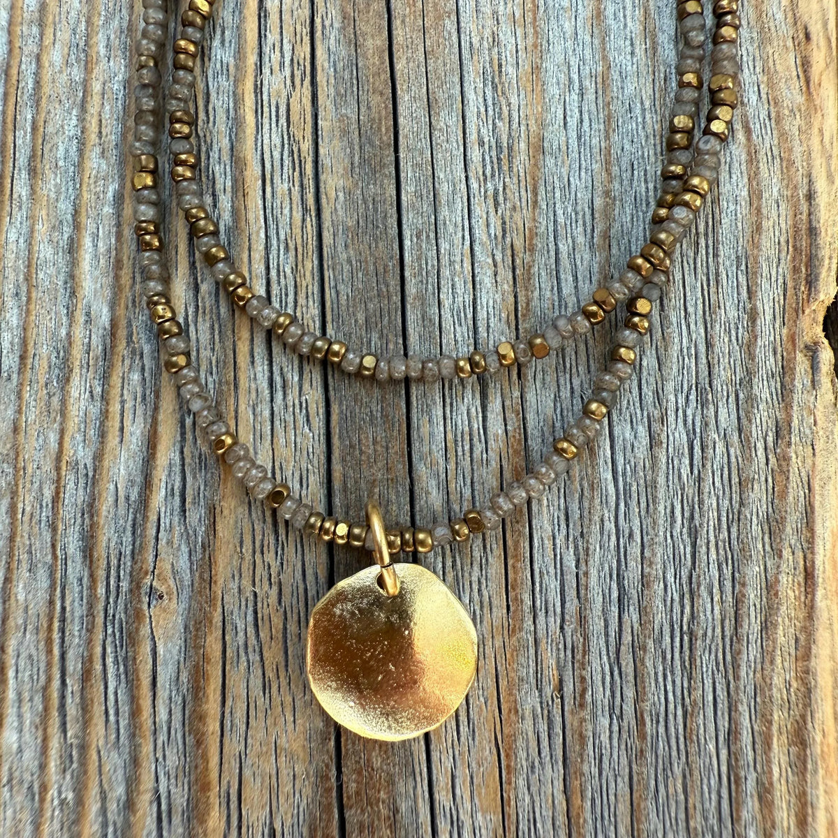 Brown Beaded Choker Necklace, Layered Gold Pendant, Everyday Boho Jewelry