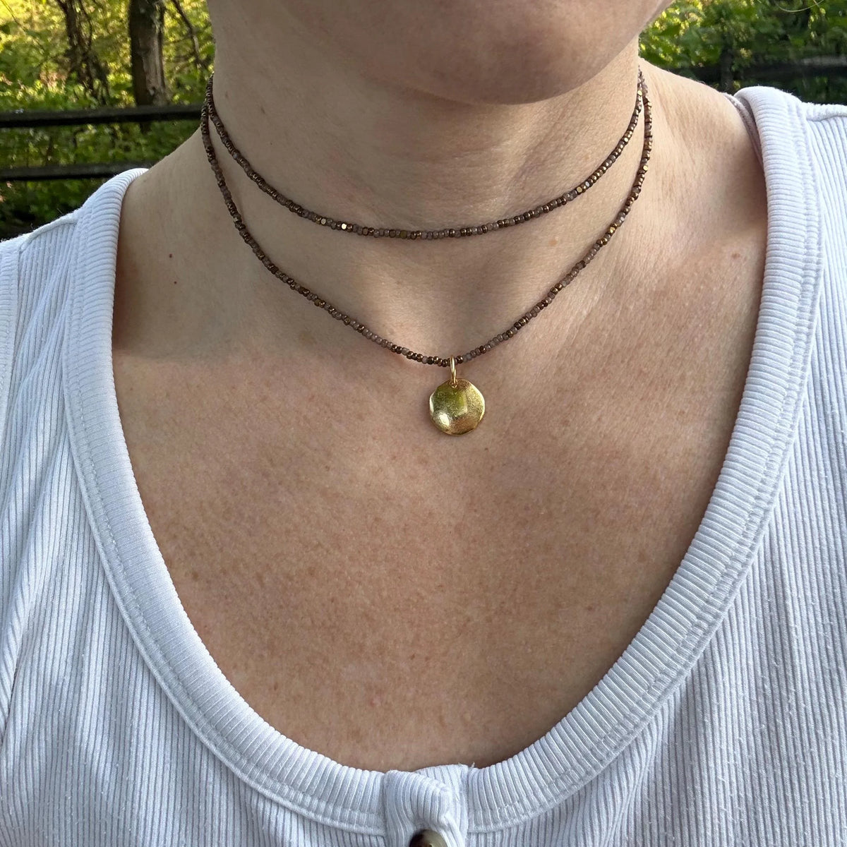 Brown Beaded Choker Necklace, Layered Gold Pendant, Everyday Boho Jewelry