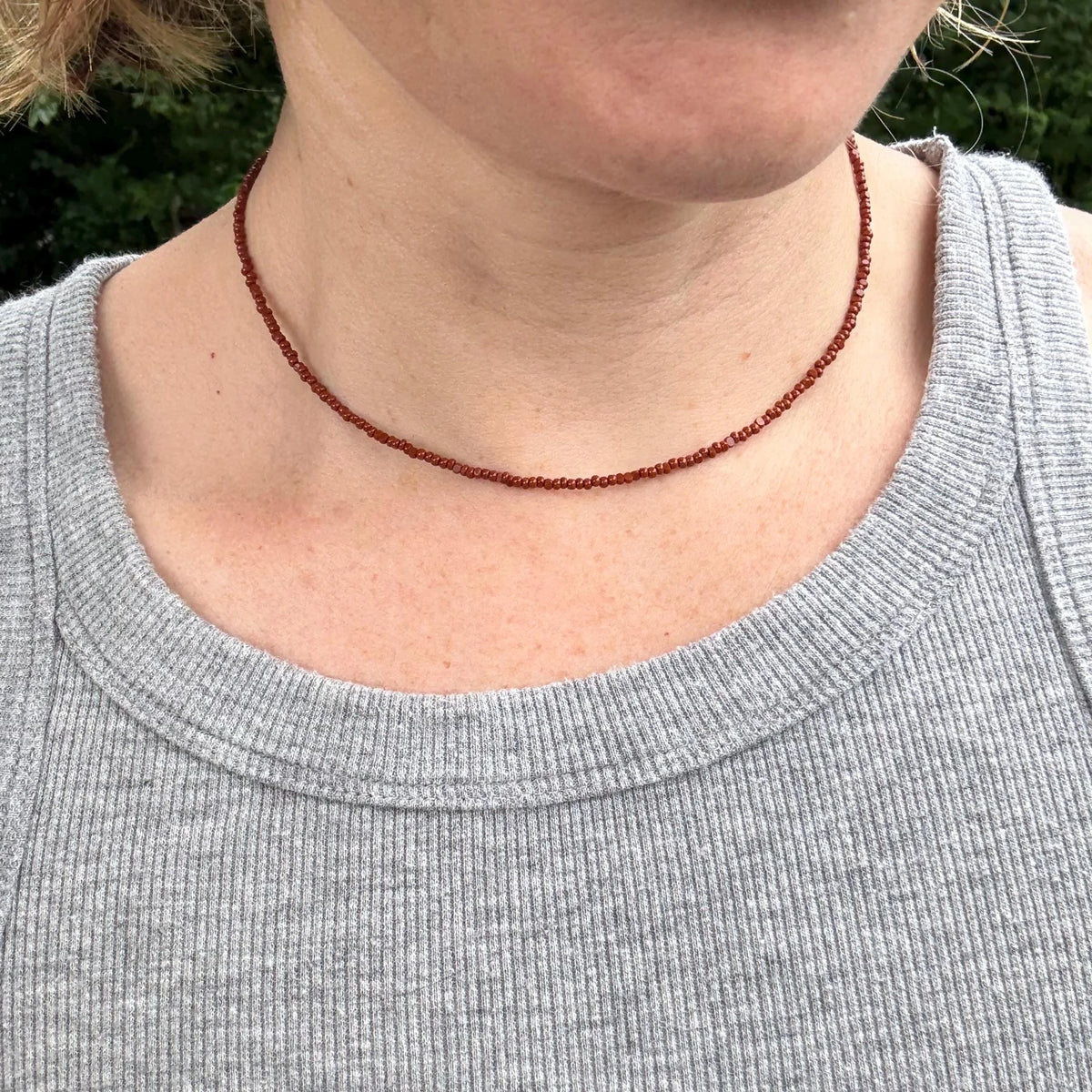 Brown Czech Glass Bead Choker | Antique Brass Clasp, Earthy Necklace