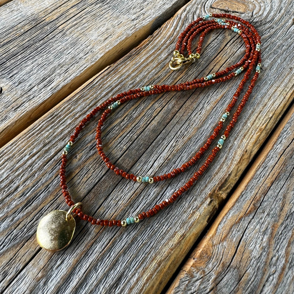 Brown Czech Glass Beaded Necklace, Gold Pendant, Double Strand