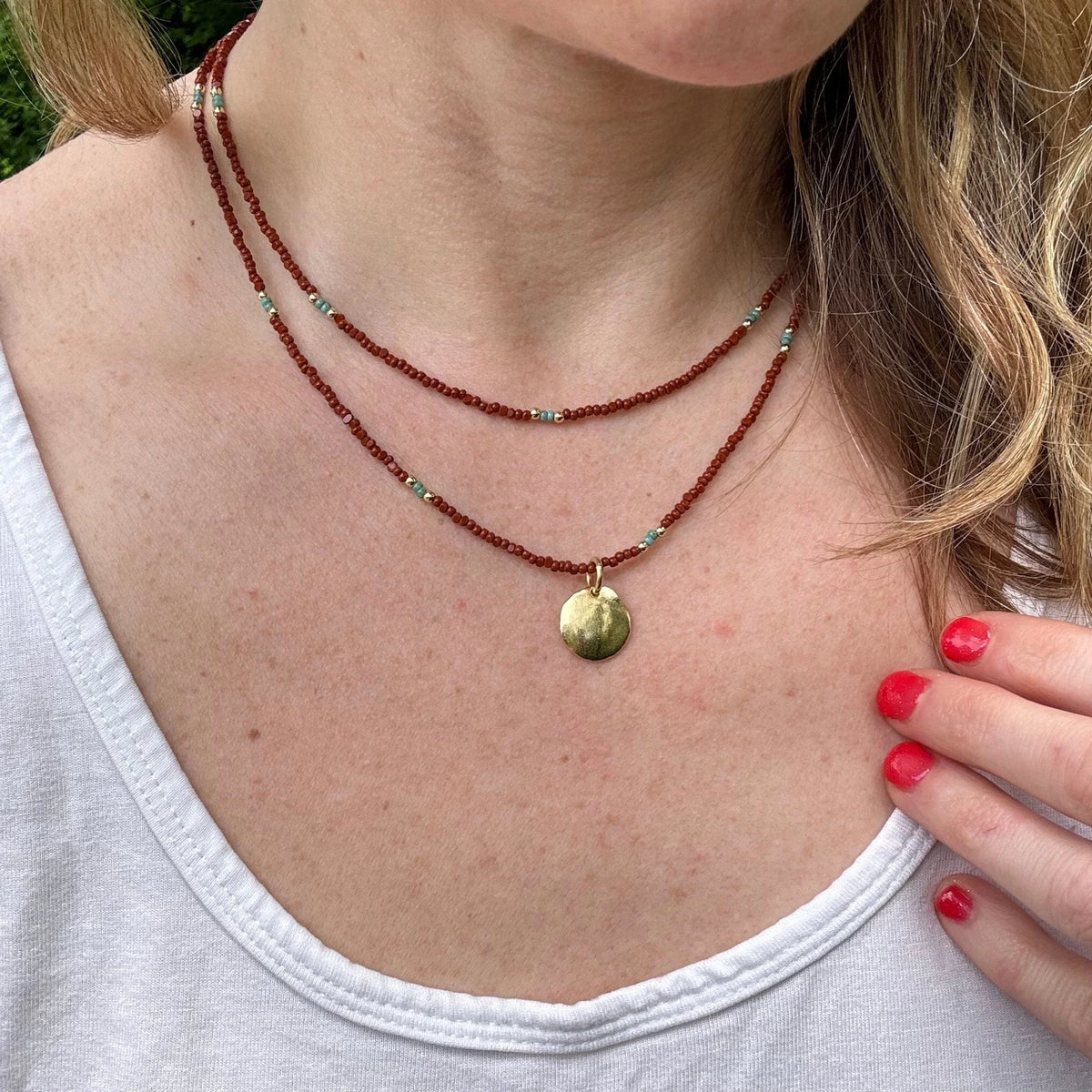 Brown Czech Glass Beaded Necklace, Gold Pendant, Double Strand