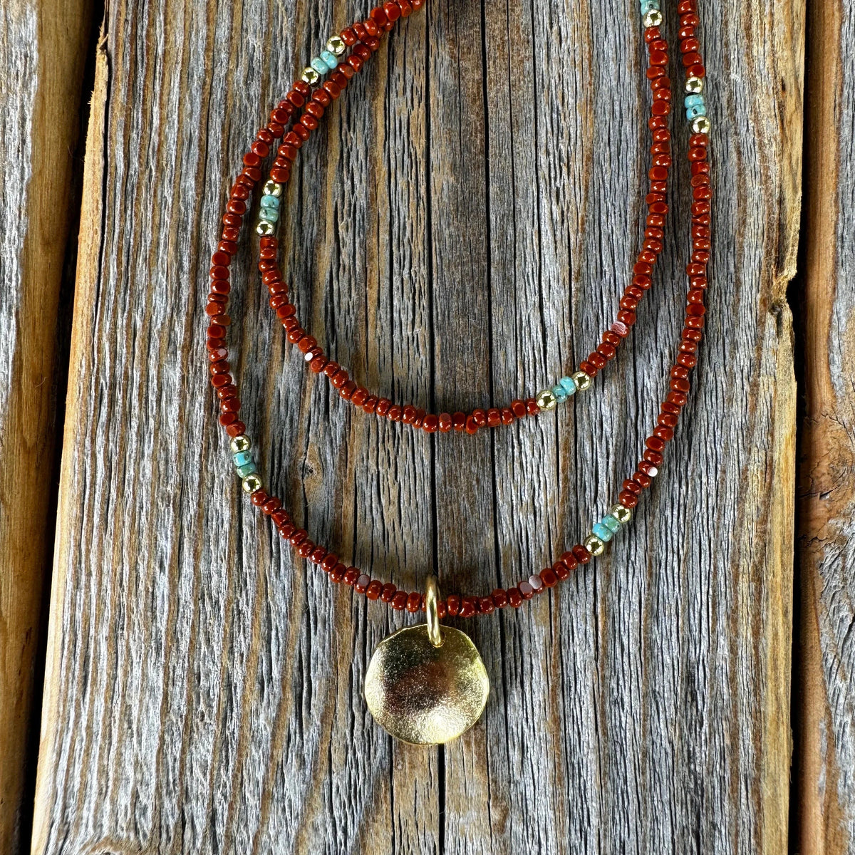 Brown Czech Glass Beaded Necklace, Gold Pendant, Double Strand