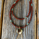 Brown Czech Glass Beaded Necklace, Gold Pendant, Double Strand