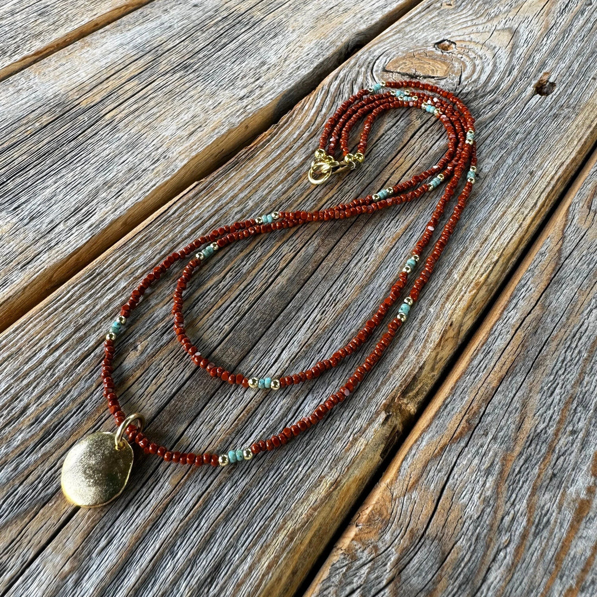 Brown Czech Glass Beaded Necklace, Gold Pendant, Double Strand