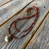 Brown Czech Glass Beaded Necklace, Gold Pendant, Double Strand