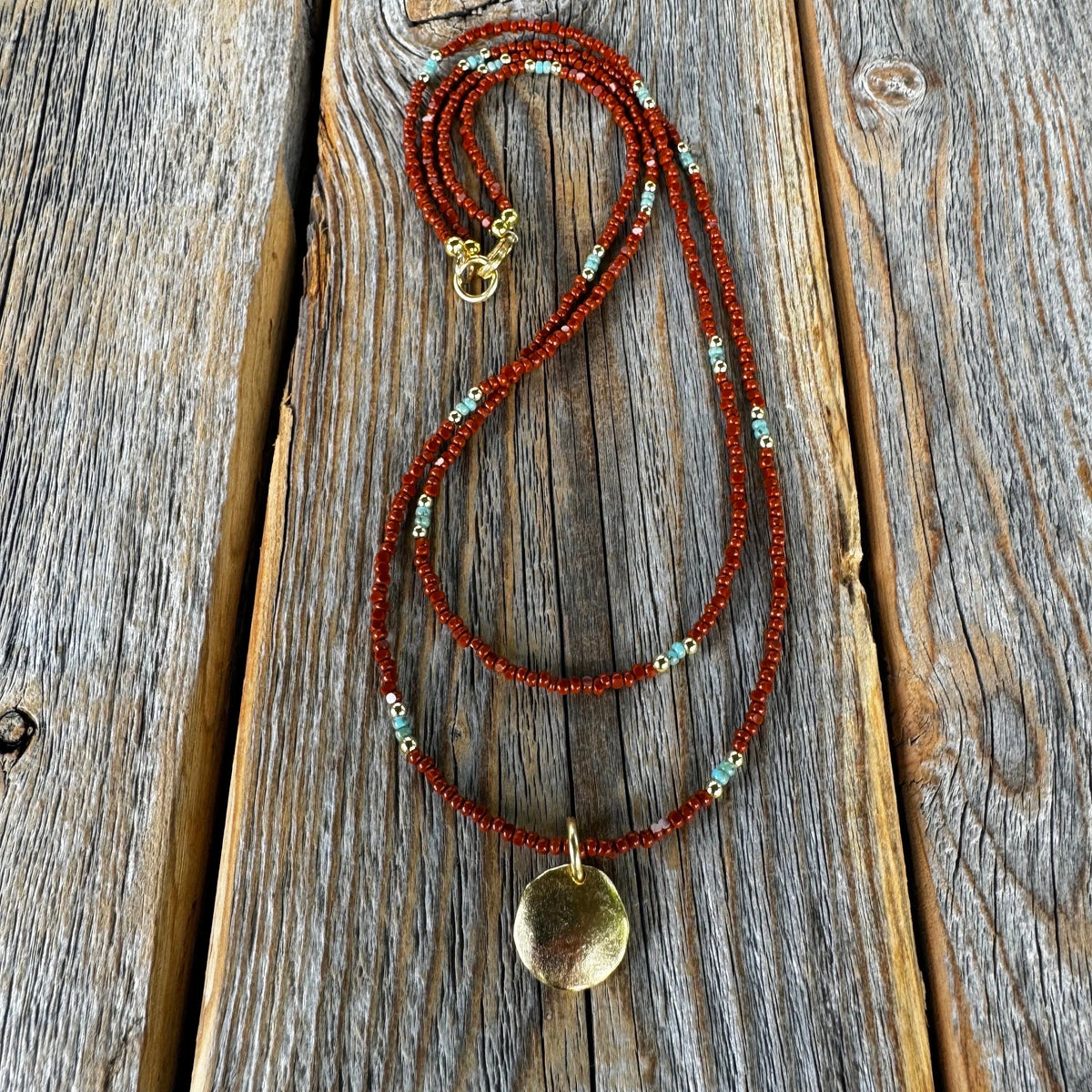 Brown Czech Glass Beaded Necklace, Gold Pendant, Double Strand