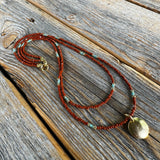 Brown Czech Glass Beaded Necklace, Gold Pendant, Double Strand