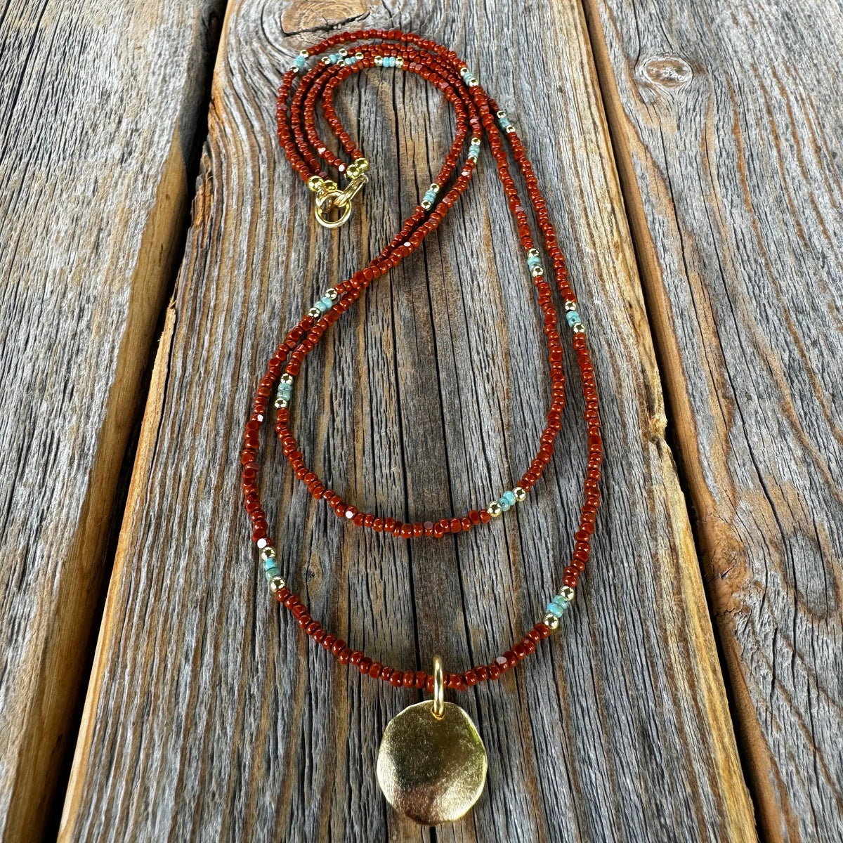 Brown Czech Glass Beaded Necklace, Gold Pendant, Double Strand