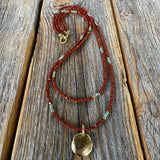 Brown Czech Glass Beaded Necklace, Gold Pendant, Double Strand