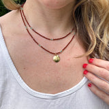 Brown Czech Glass Beaded Necklace, Gold Pendant, Double Strand