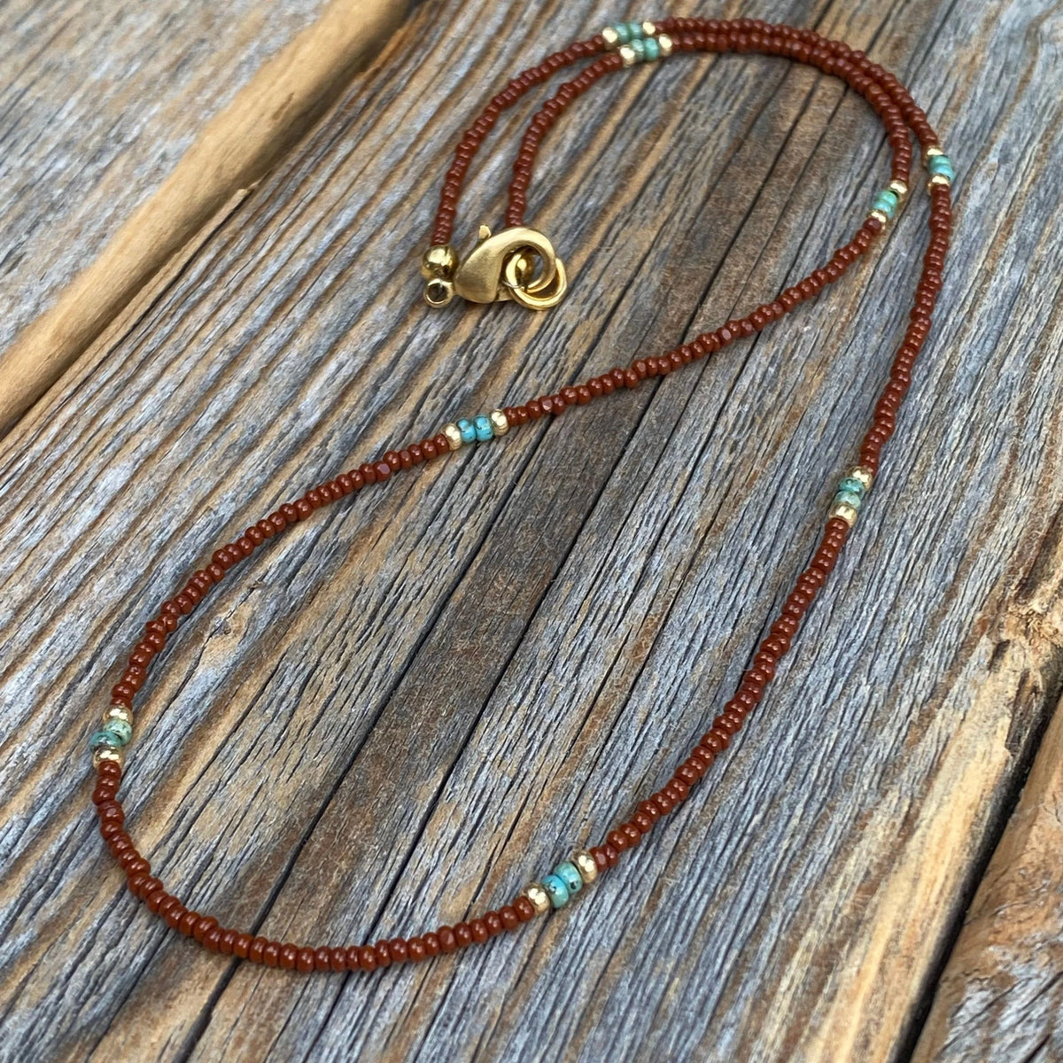 Brown Seed Bead Choker – Teal Accents, 14K Gold-Filled