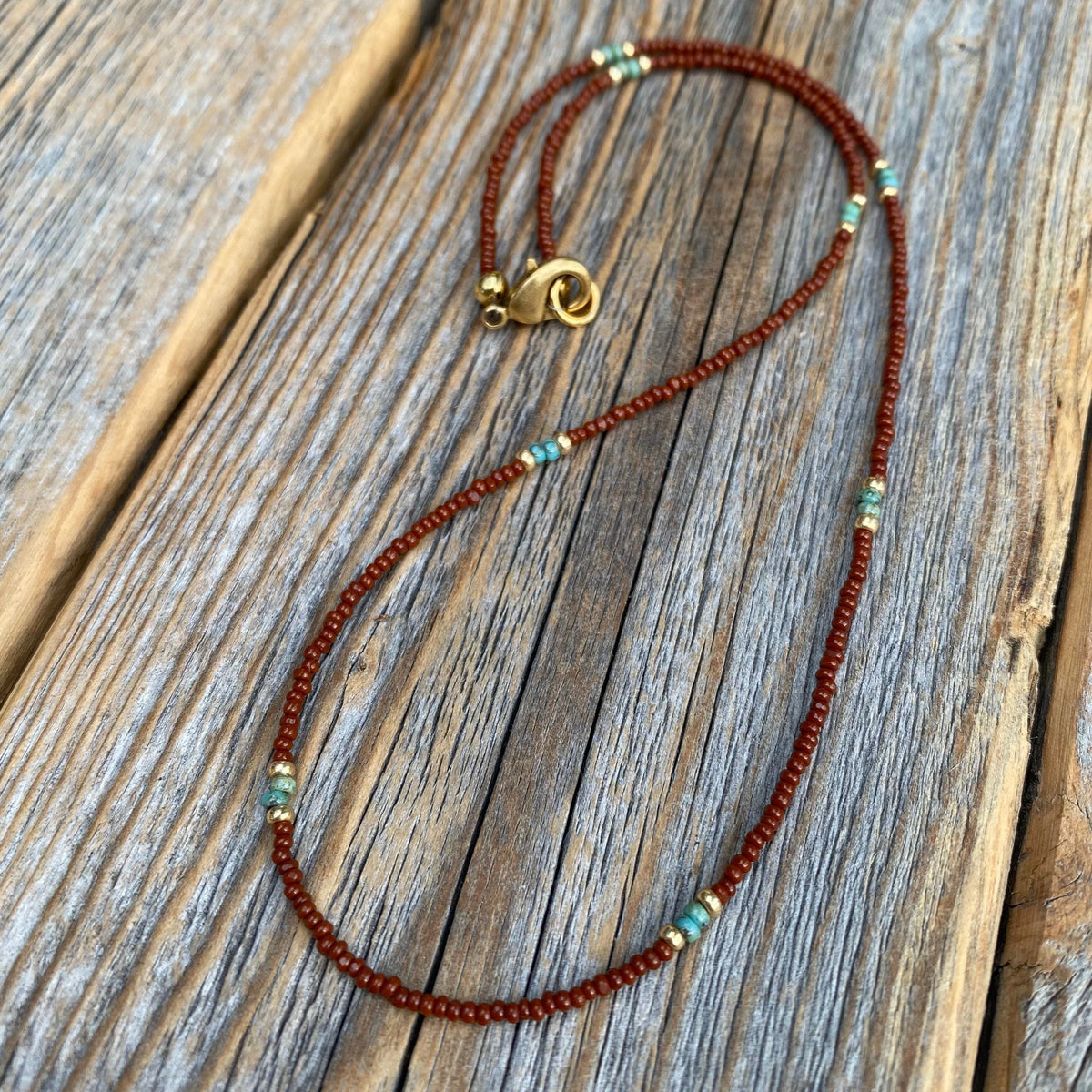 Brown Seed Bead Choker – Teal Accents, 14K Gold-Filled