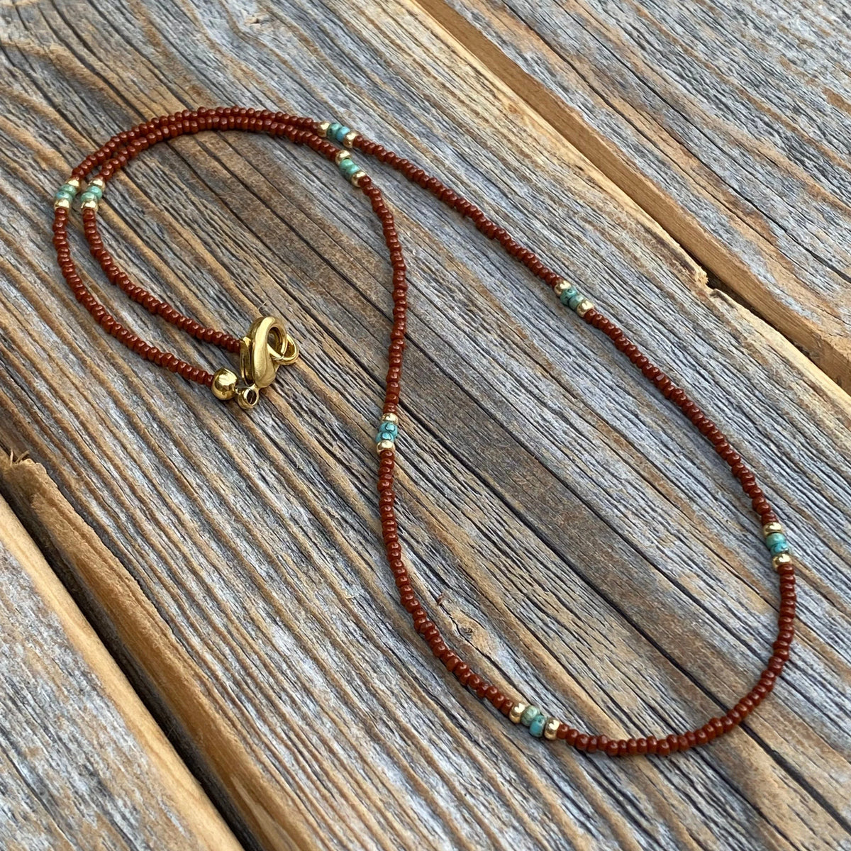 Brown Seed Bead Choker – Teal Accents, 14K Gold-Filled