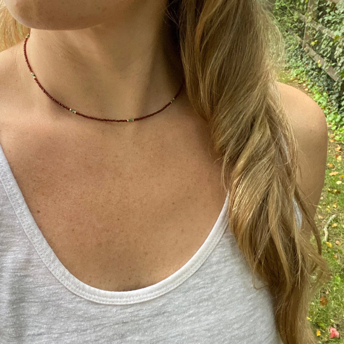 Brown Seed Bead Choker – Teal Accents, 14K Gold-Filled