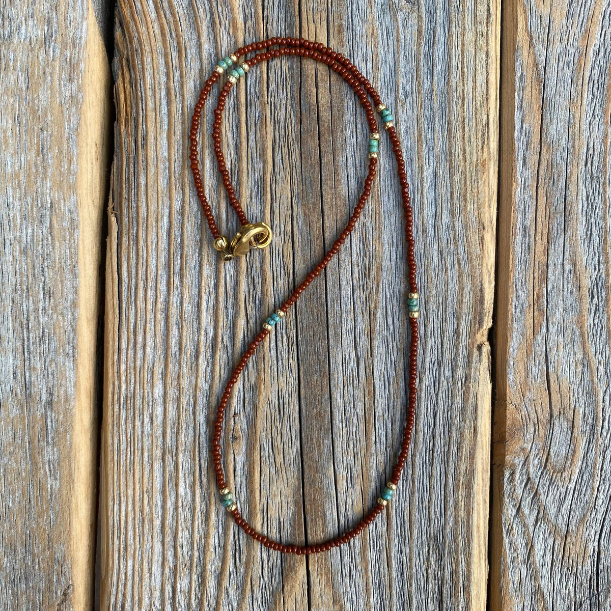 Brown Seed Bead Choker – Teal Accents, 14K Gold-Filled