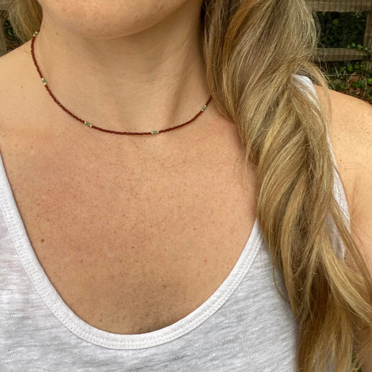 Brown Seed Bead Choker – Teal Accents, 14K Gold-Filled