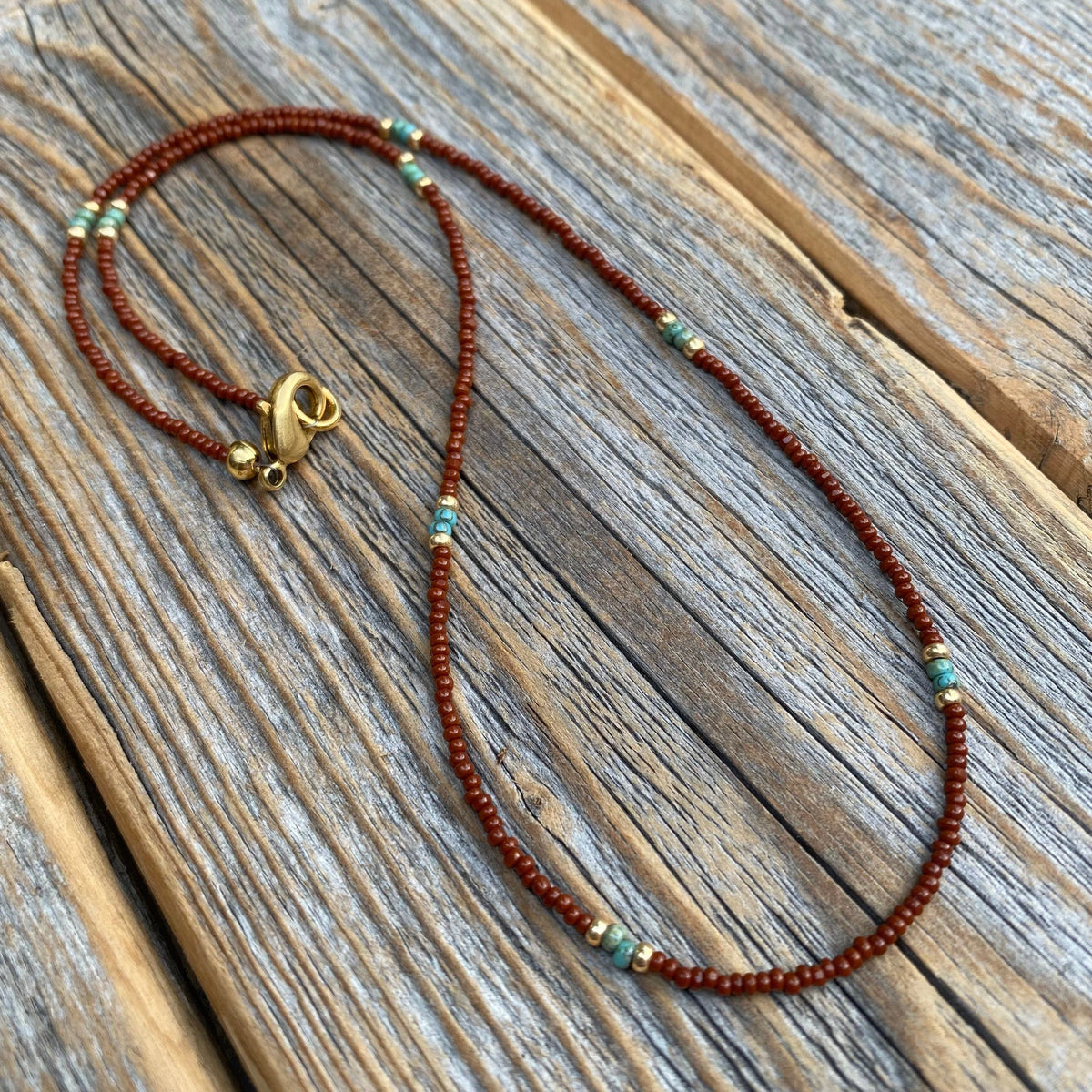 Brown Seed Bead Choker – Teal Accents, 14K Gold-Filled