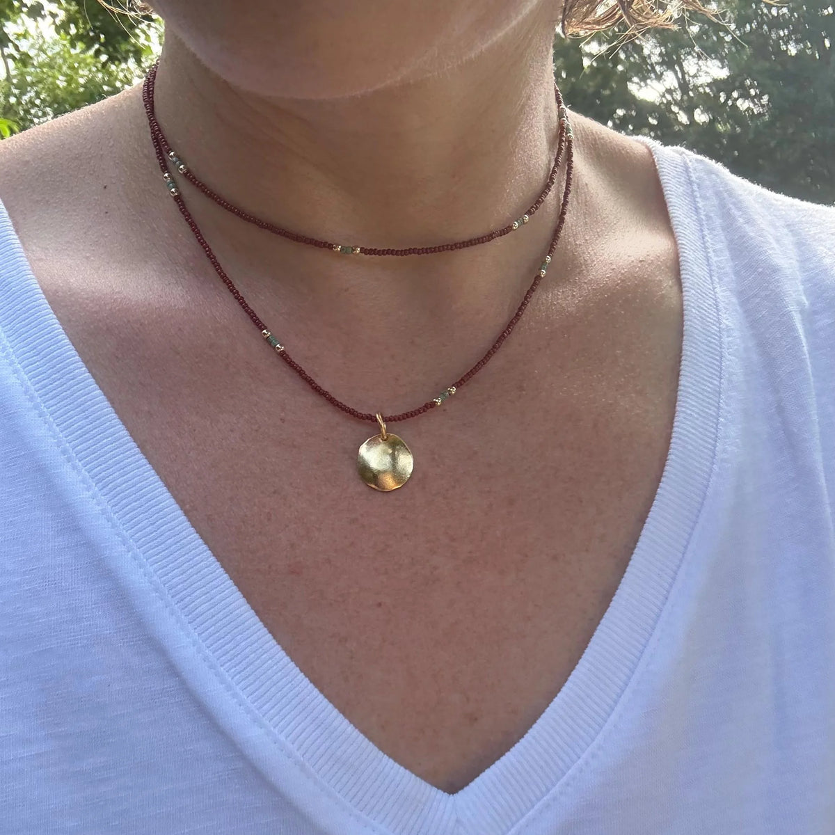 Brown Seed Bead Necklace, Gold Disc Pendant, Boho Layering Choker