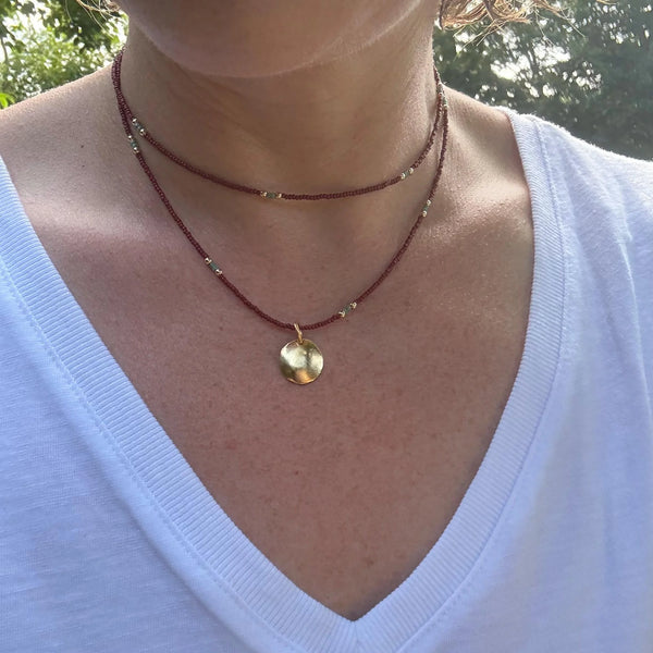 Brown Seed Bead Necklace, Gold Disc Pendant, Boho Layering Choker