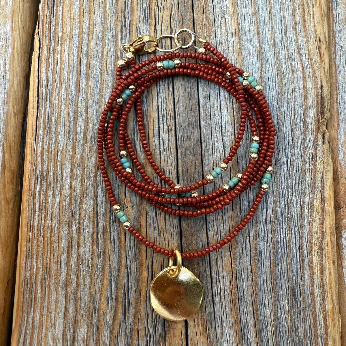 Brown Seed Bead Necklace, Gold Disc Pendant, Boho Layering Choker