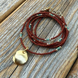 Brown Seed Bead Necklace, Gold Disc Pendant, Boho Layering Choker