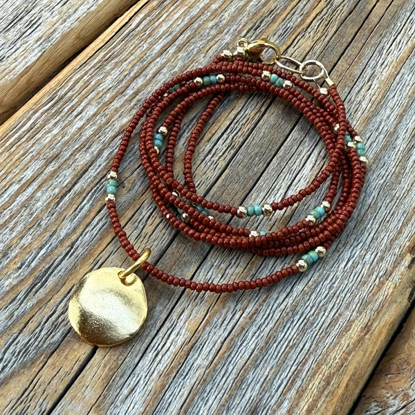 Brown Seed Bead Necklace, Gold Disc Pendant, Boho Layering Choker