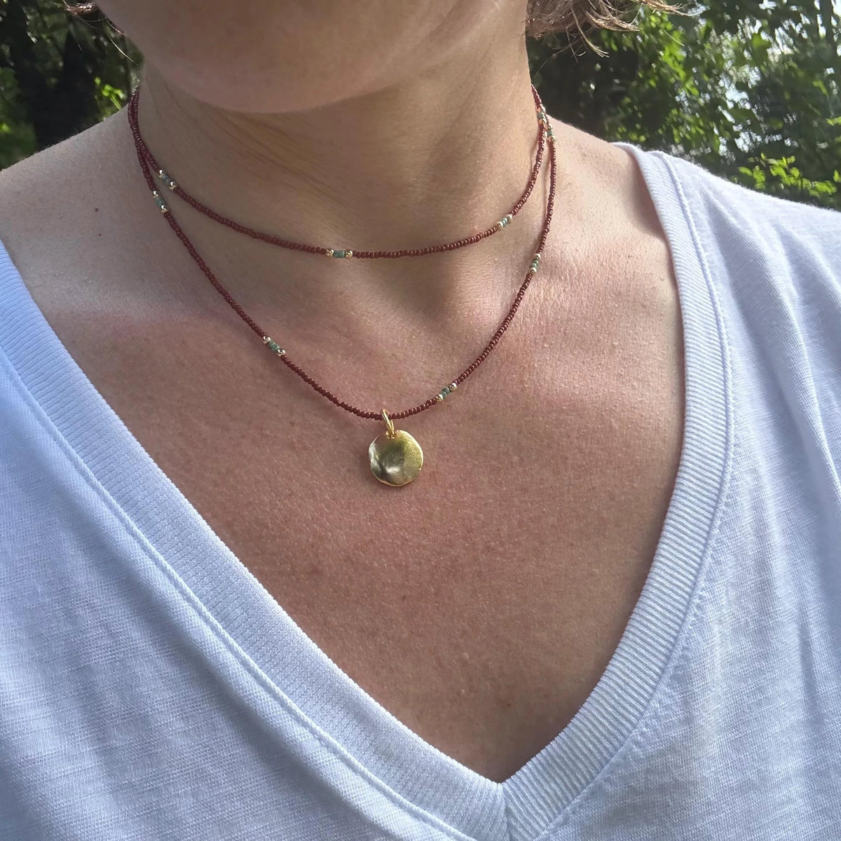 Brown Seed Bead Necklace, Gold Disc Pendant, Boho Layering Choker