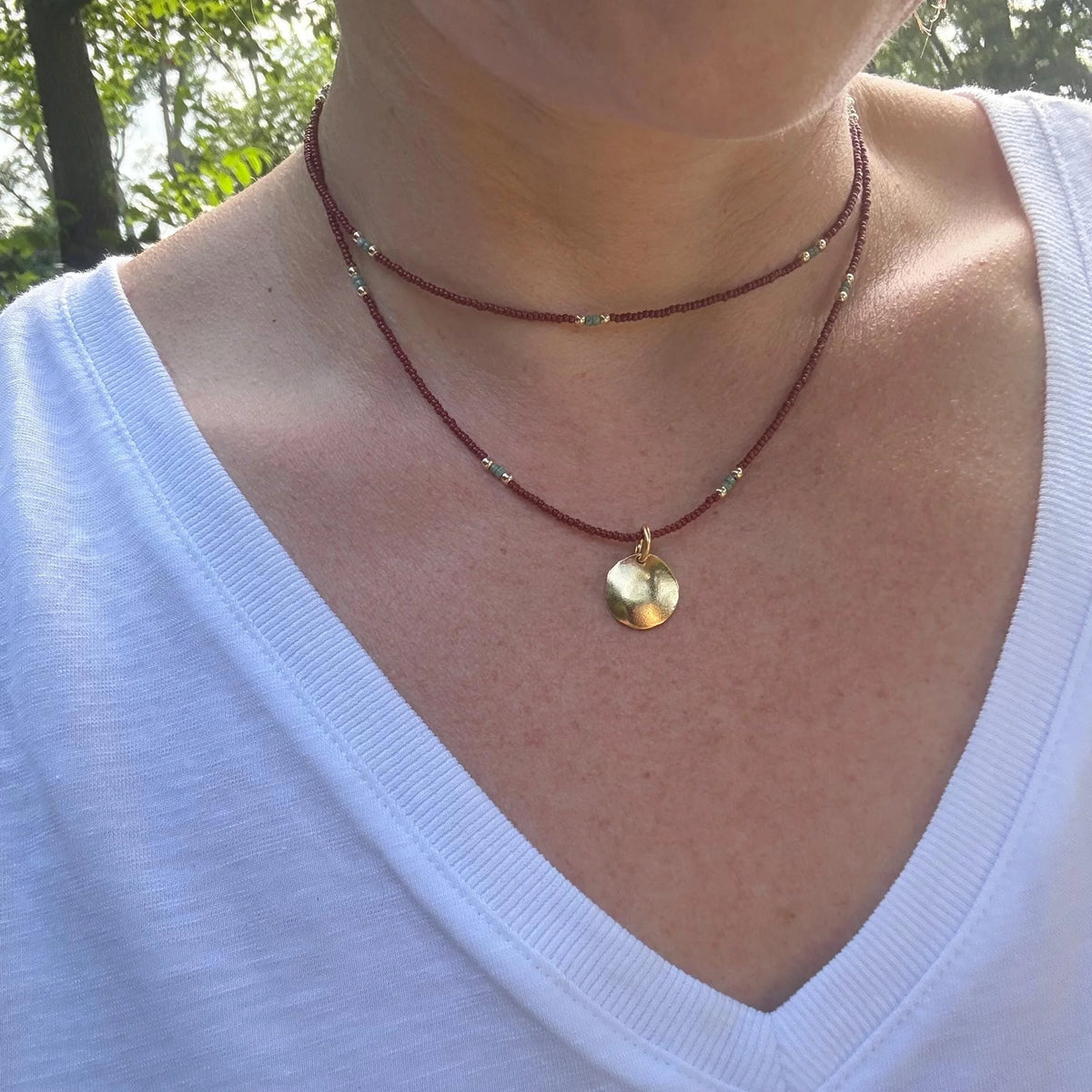 Brown Seed Bead Necklace, Gold Disc Pendant, Boho Layering Choker