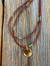 Brown Seed Bead Necklace, Gold Disc Pendant, Boho Layering Choker