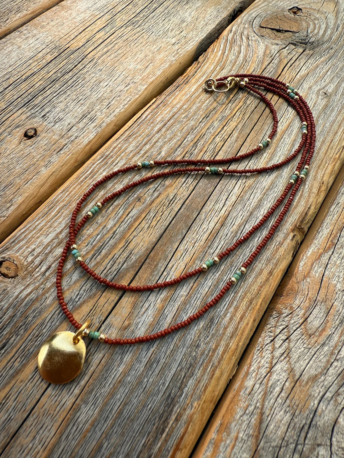 Brown Seed Bead Necklace, Gold Disc Pendant, Boho Layering Choker