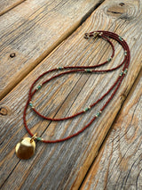 Brown Seed Bead Necklace, Gold Disc Pendant, Boho Layering Choker