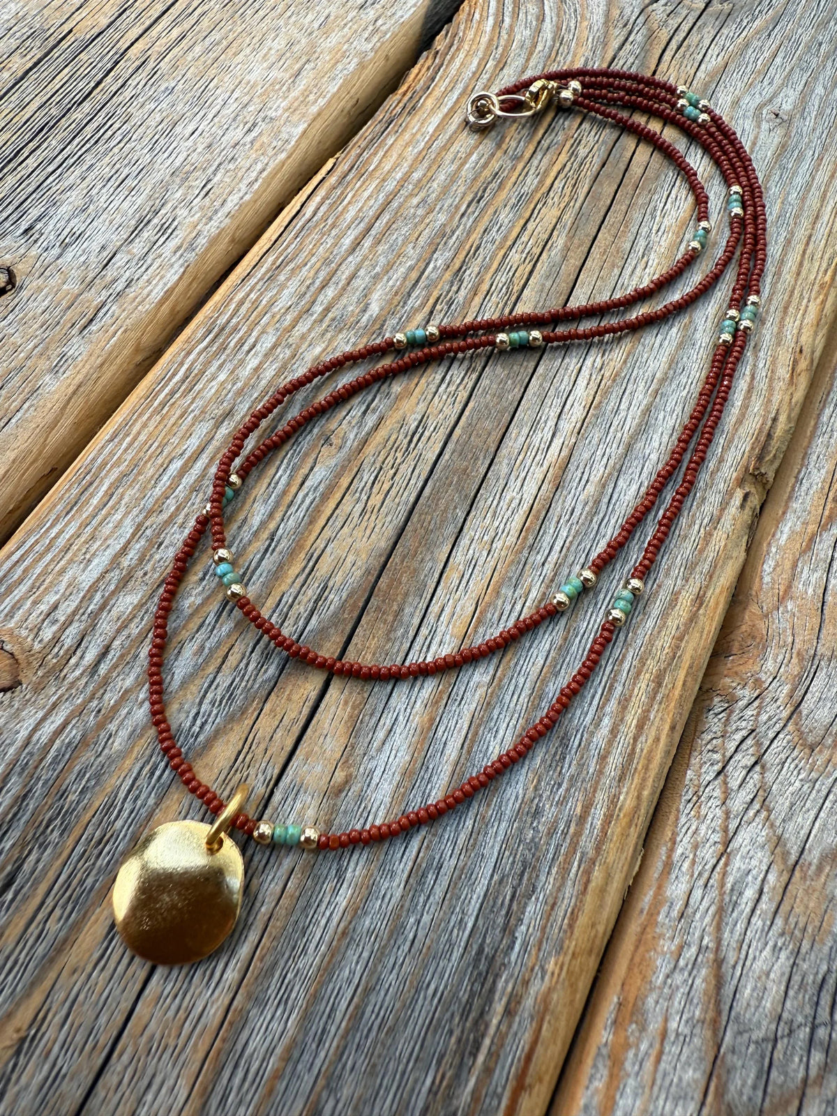 Brown Seed Bead Necklace, Gold Disc Pendant, Boho Layering Choker