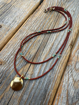 Brown Seed Bead Necklace, Gold Disc Pendant, Boho Layering Choker