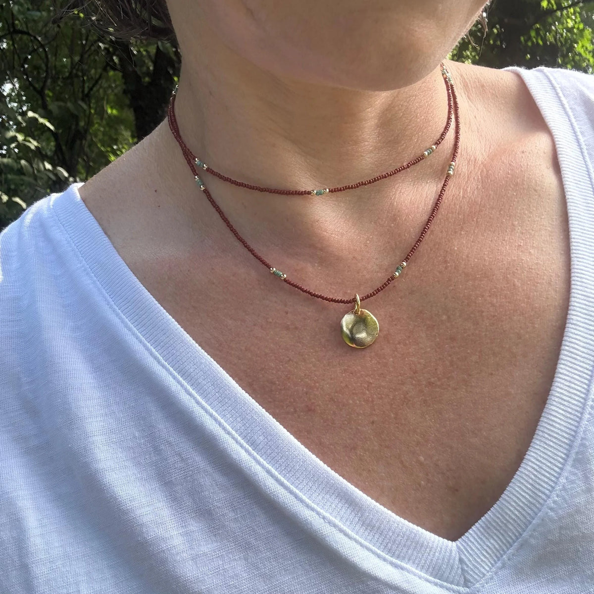 Brown Seed Bead Necklace, Gold Disc Pendant, Boho Layering Choker