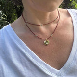 Brown Seed Bead Necklace, Gold Disc Pendant, Boho Layering Choker