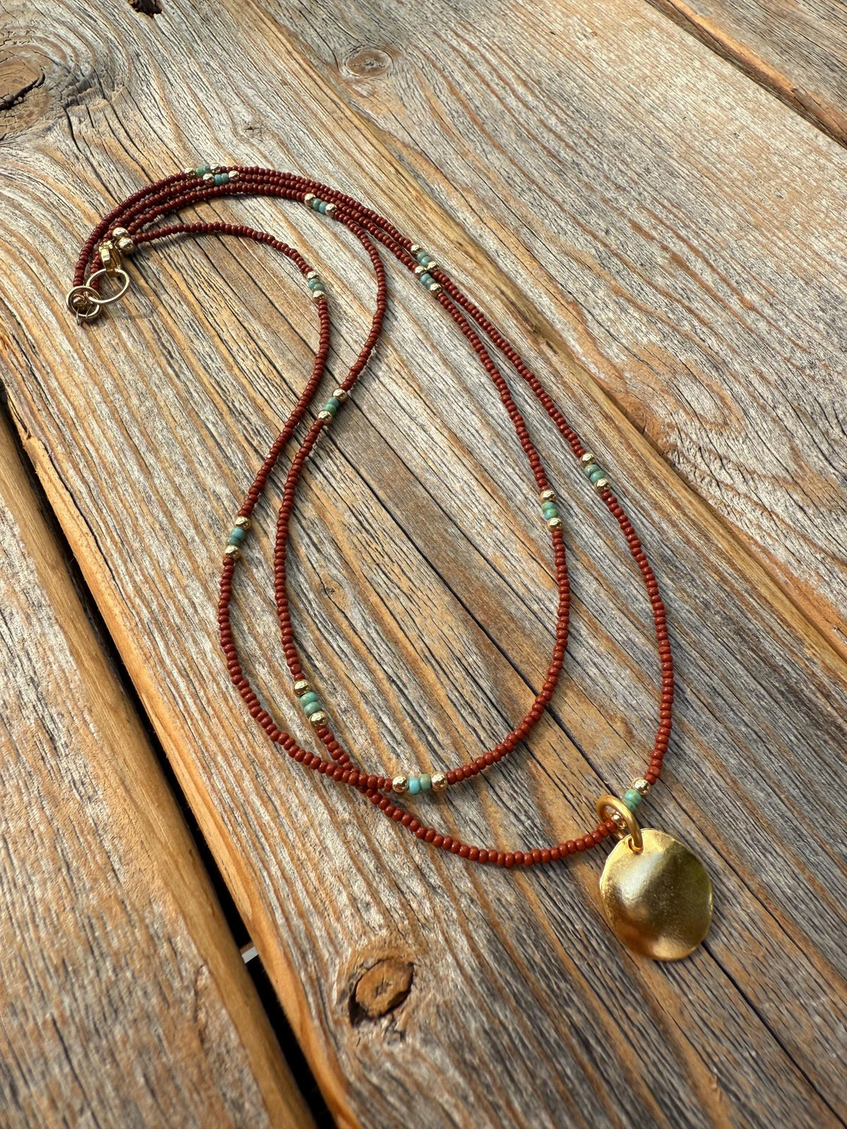 Brown Seed Bead Necklace, Gold Disc Pendant, Boho Layering Choker