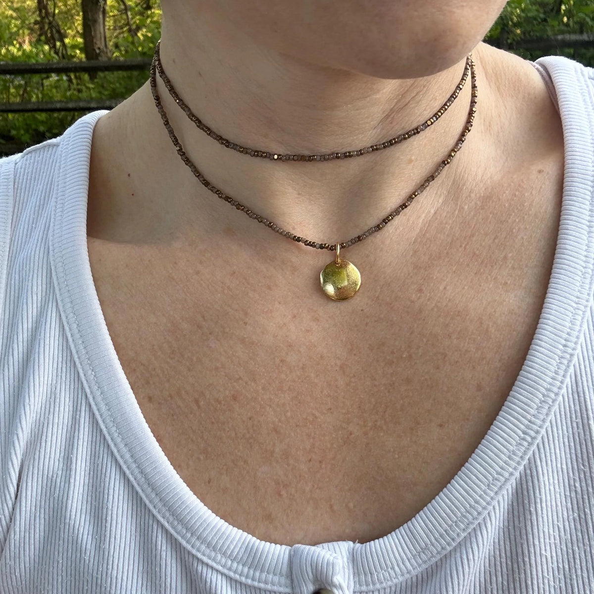Brown Seed Bead Necklace with Gold Disc Pendant, Layered Minimalist Jewelry