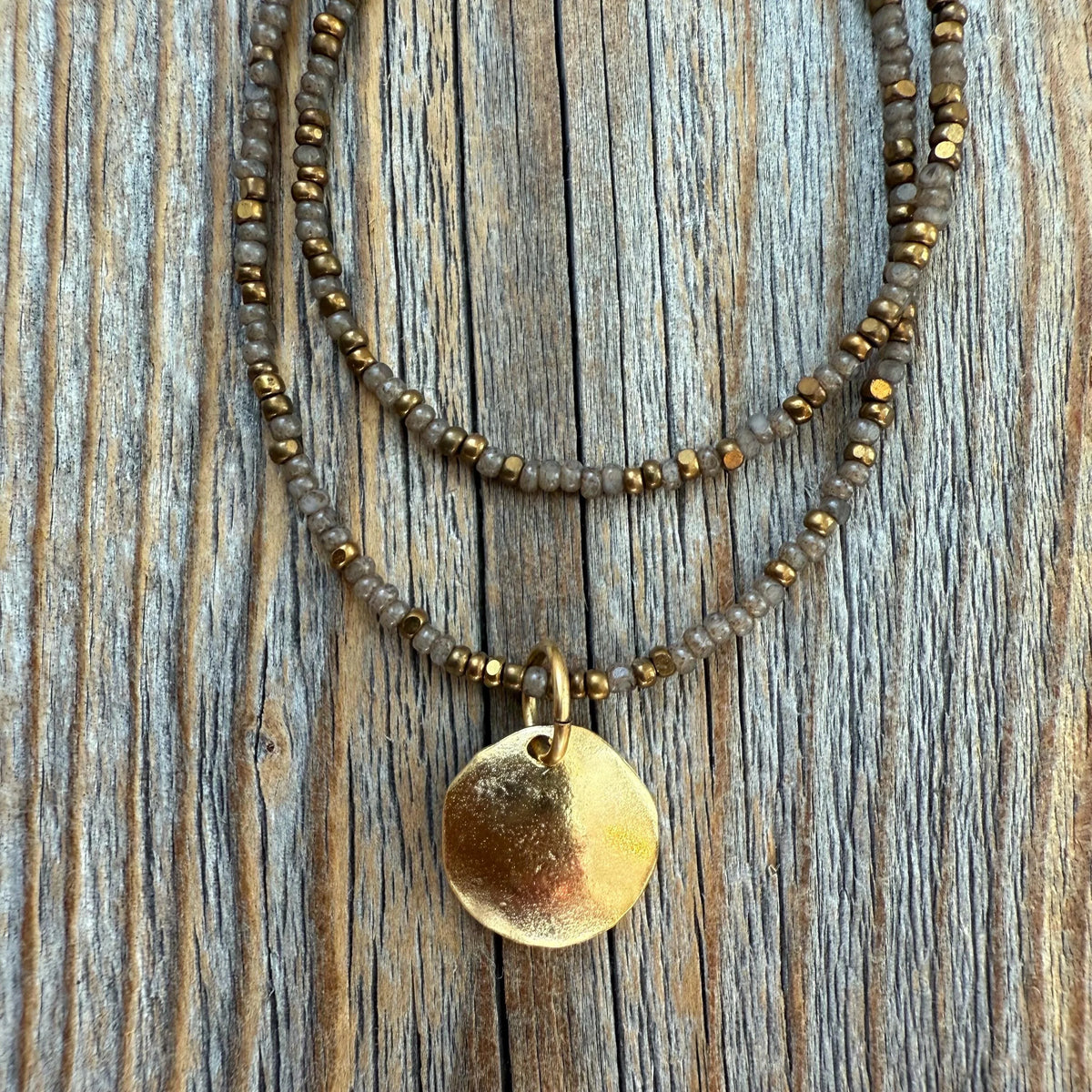 Brown Seed Bead Necklace with Gold Disc Pendant, Layered Minimalist Jewelry